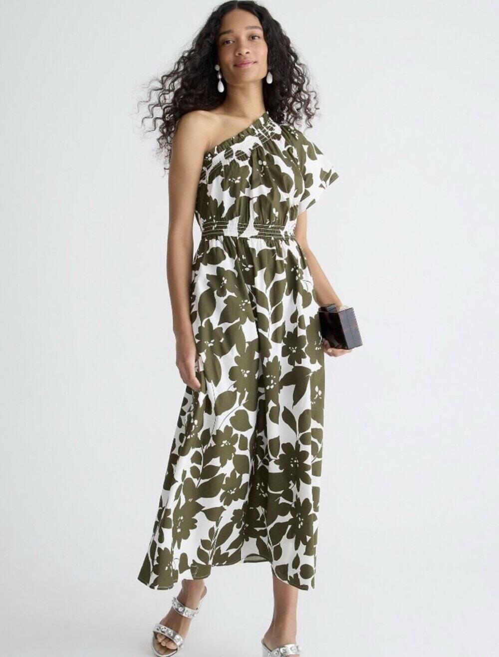 NWT J Crew Smocked Cotton Poplin One Shoulder Dress Leafy Floral Sz XS